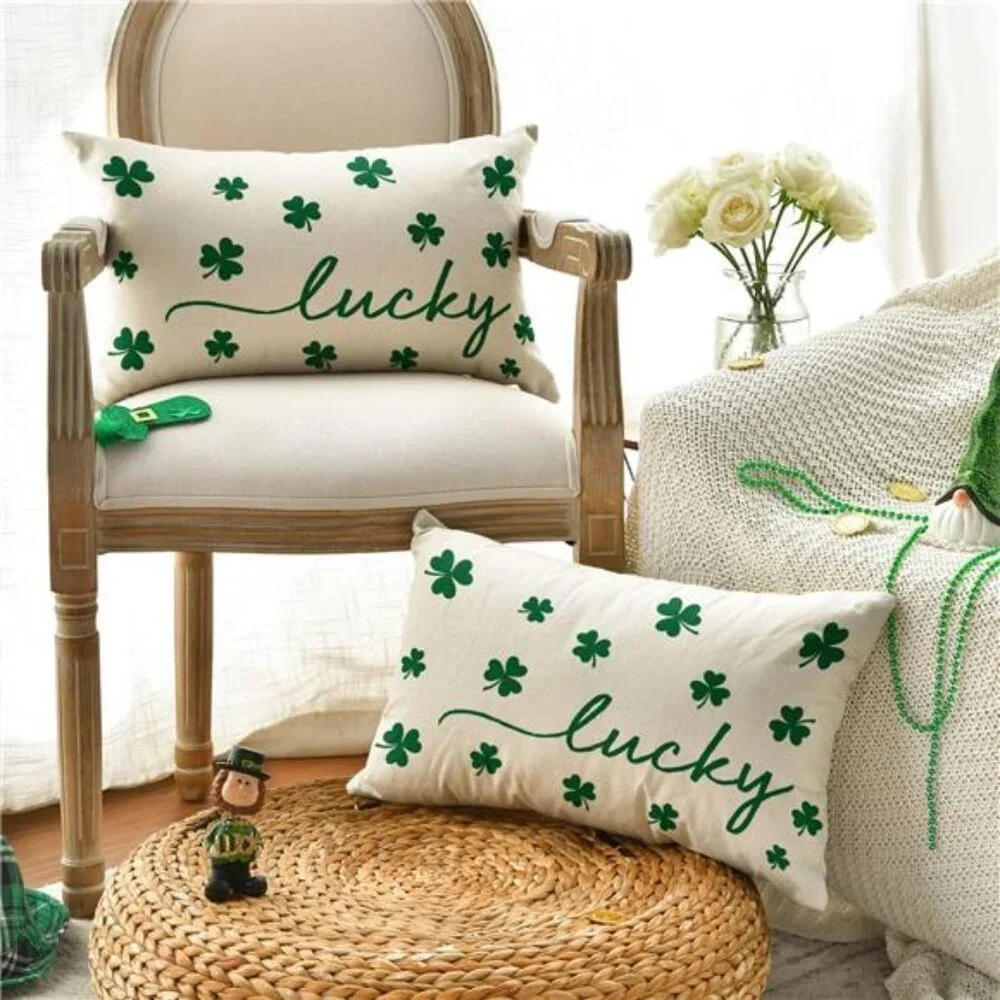 St Patricks Day Lucky Clover White Throw Pillow Cover, 12 x 20